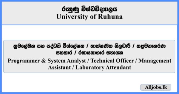 Programmer & System Analyst, Technical Officer, Management Assistant, Laboratory Attendant  - University of Ruhuna 2025