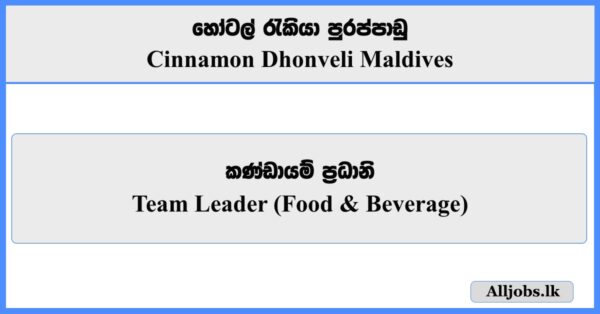 Team Leader (Food & Beverage) - Cinnamon Dhonveli Maldives